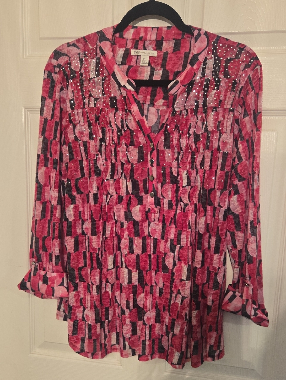 Cato Pink Black Patterned Silver Spots XL Tunic Top 3/4 Sleeves